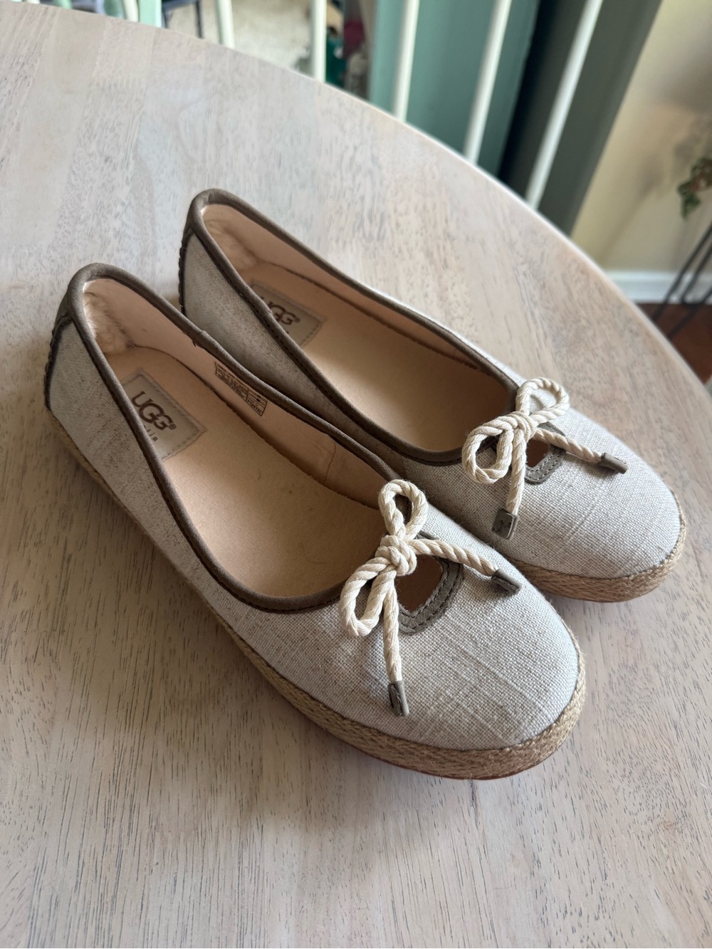 UGG Beige Linen Espadrille Ballet Flats with Rope Bow